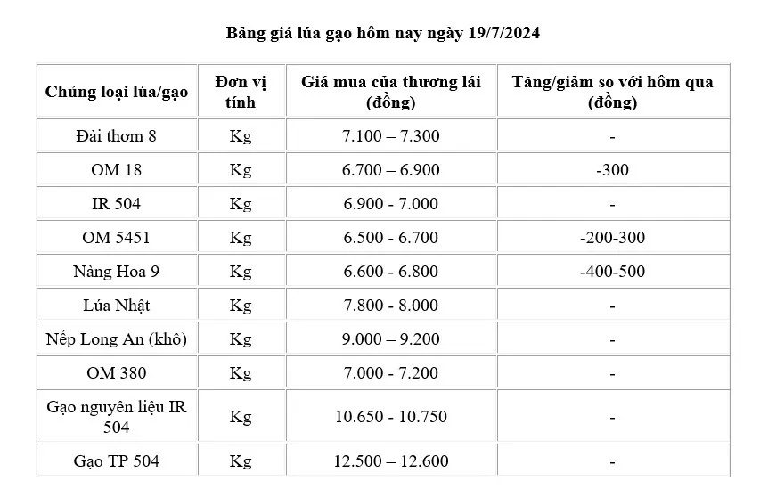 Giá lúa gạo hôm nay ngày 19/7: Giá lúa giảm mạnh 200-500 đồng/kg, gạo xuất khẩu giảm nhẹ