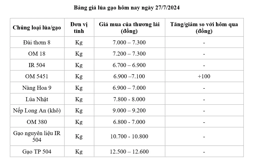 Giá lúa gạo hôm nay ngày 27/7: Giá lúa tăng 100 đồng/kg, thị trường gạo giá tăng nhẹ